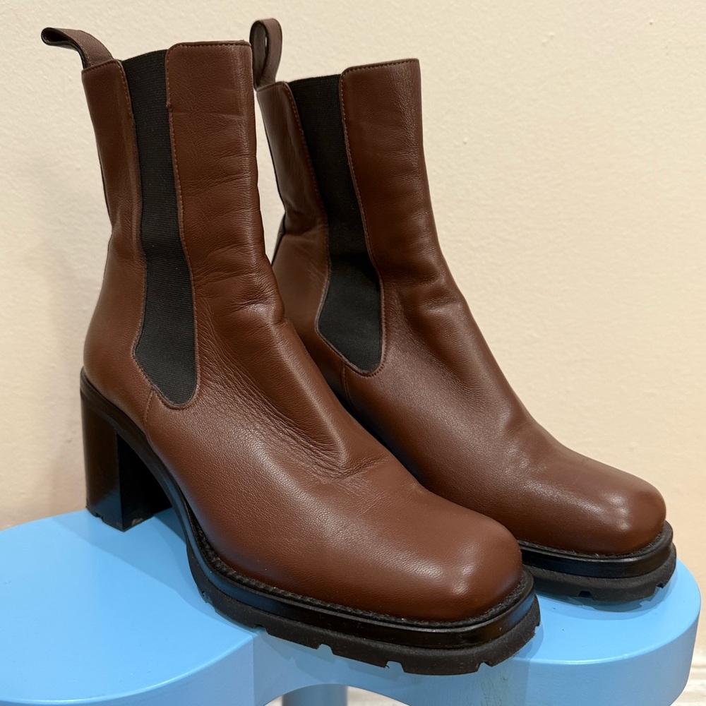 BY FAR Chocolate Brown Leather Chelsea Heel Booties
